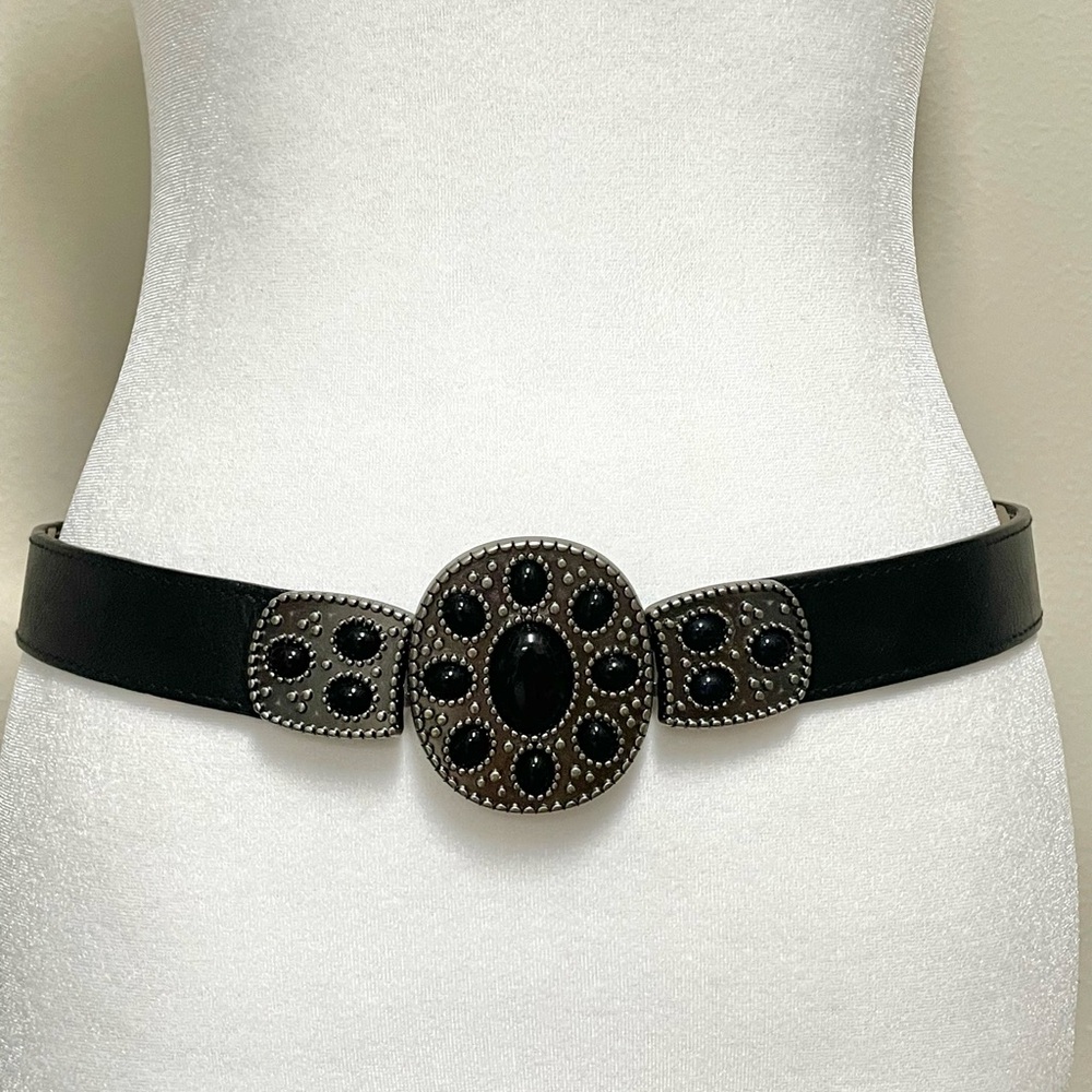 Betsey Johnson Black Stone Buckle Pleather Stretch Belt Size M/L
